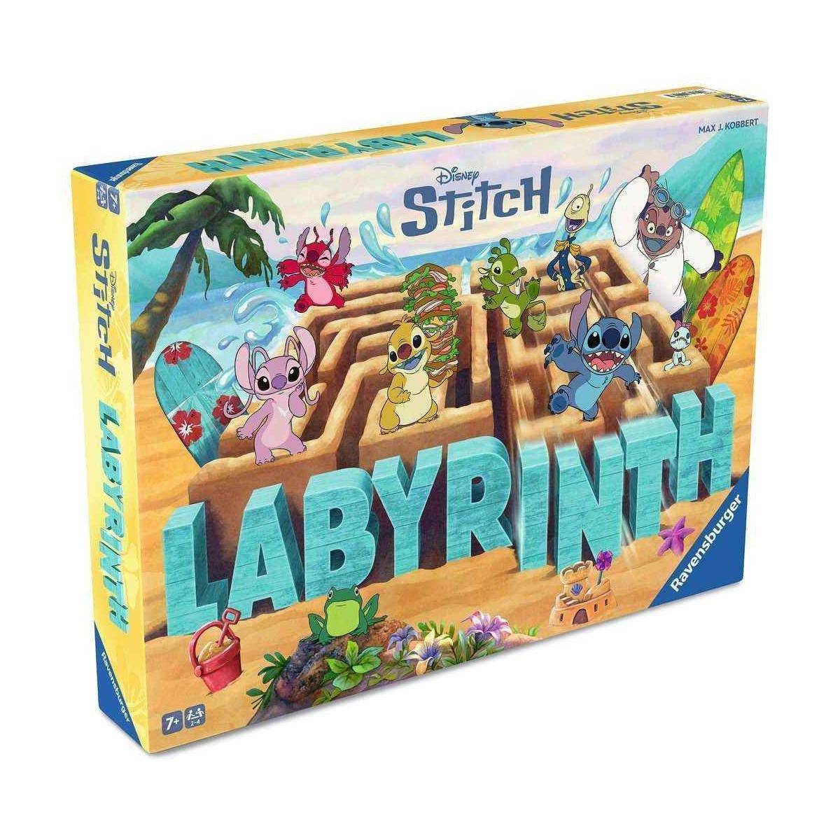 Ein farbenfrohe Brettspielschachtel mit Charakteren in einer Labyrinthumgebung, mit dem Titel „Disney Stitch Labyrinth