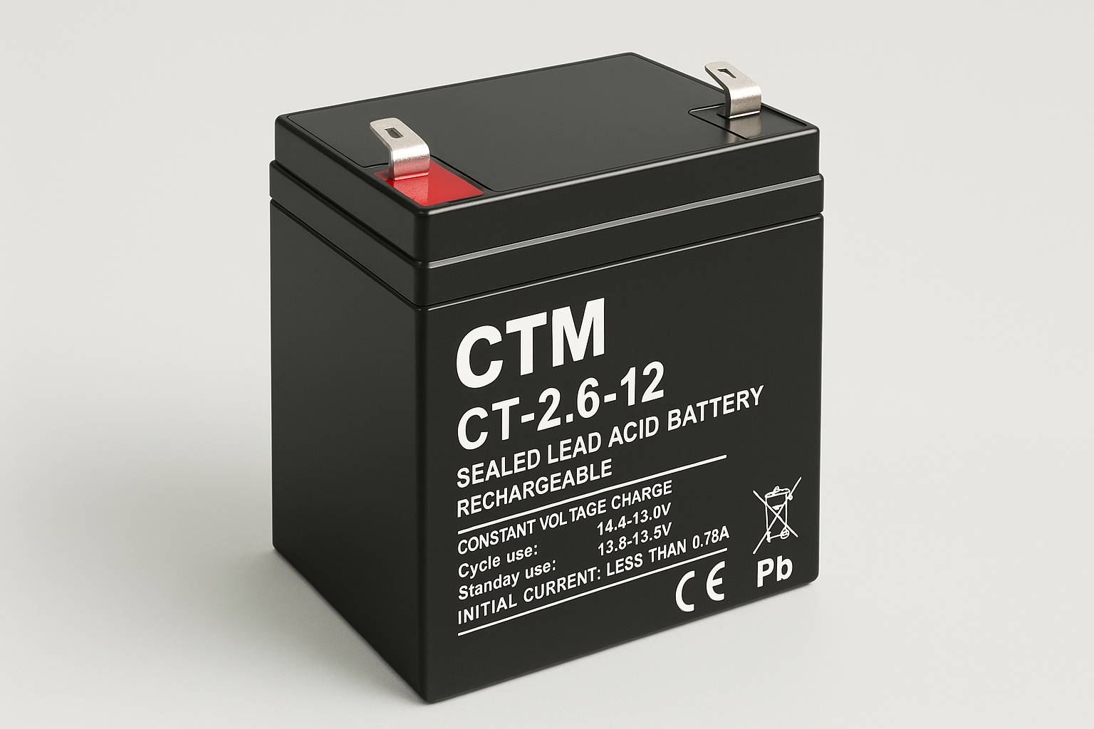 Eine schwarze versiegelte Bleiakkumulatorbatterie mit der Bezeichnung 