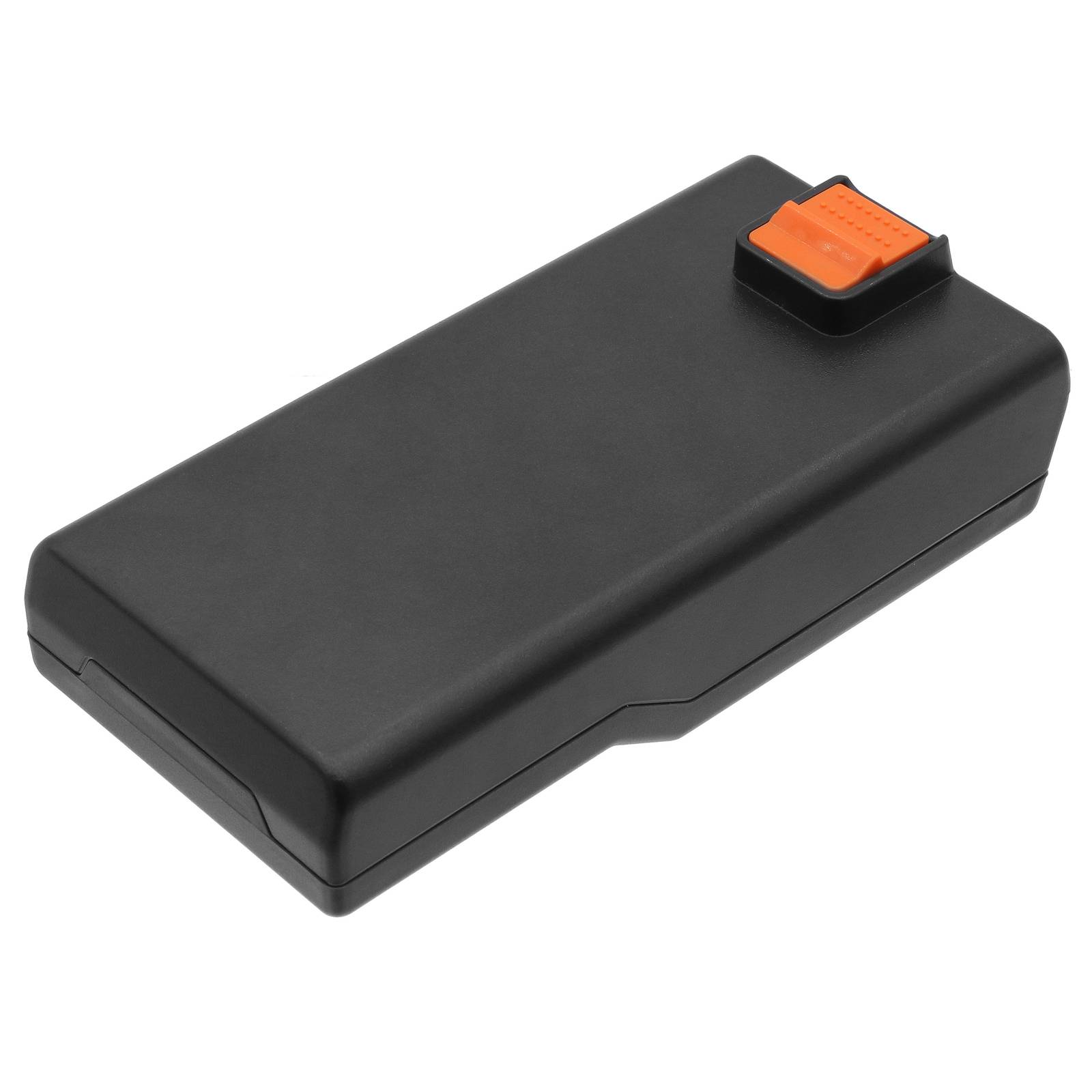 Ein rechteckiges schwarzes Powerbank mit einem markanten orangefarbenen Netzschalter oben.