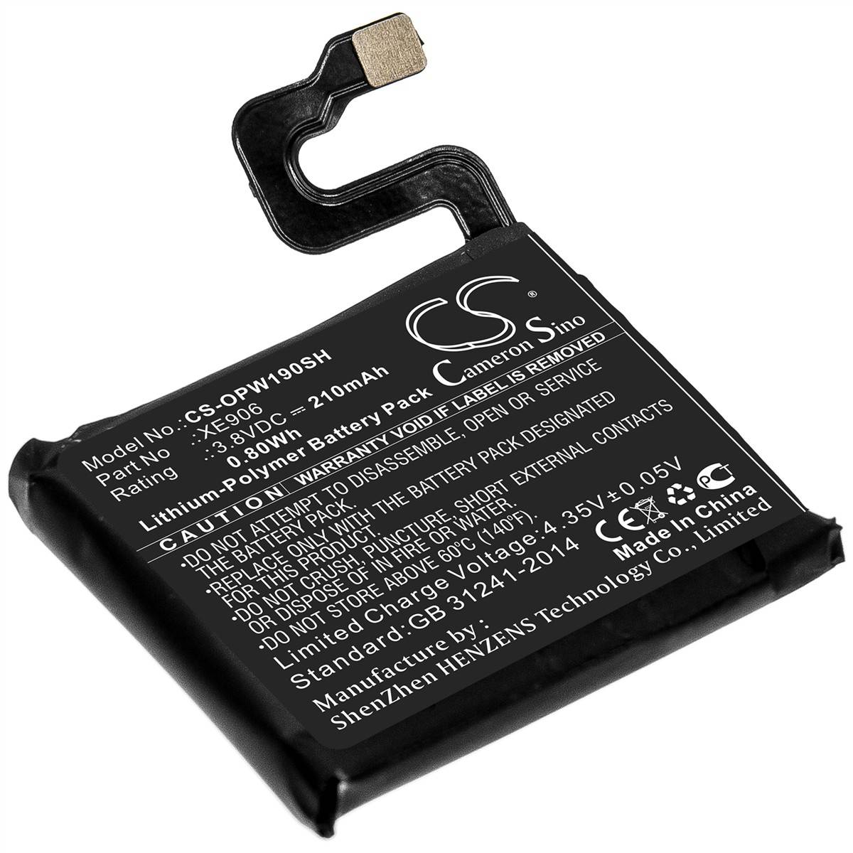 Schwarzer Lithium-Ionen-Smartphone-Akkupack mit flexiblem Stecker, gekennzeichnet als Cameron Sino Modell CS-OPW190SH, 3,8V 210mAh.