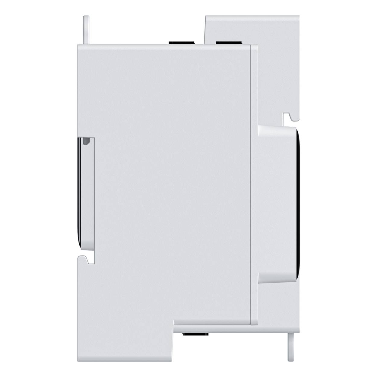 Ein weißes Elektrogerätemodul, von der Seite betrachtet, das ein kompaktes, rechteckiges Design mit einigen Nuten und einem kleinen Hebel zeigt.