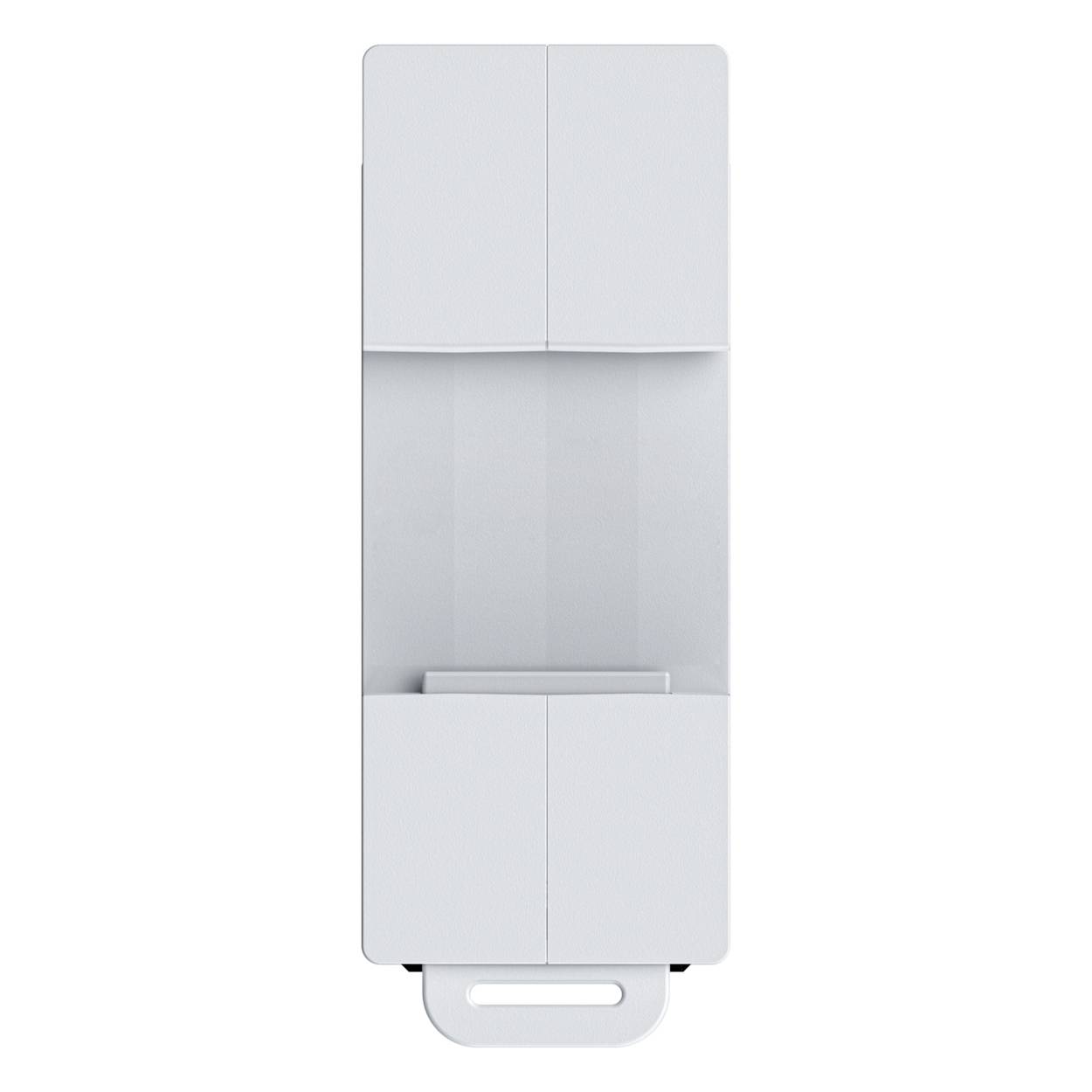 Weißer Schrank mit geschlossenen Fächern oben und unten sowie offenem Mittelbrett, das einen flachen, waagerechten Gegenstand zeigt.