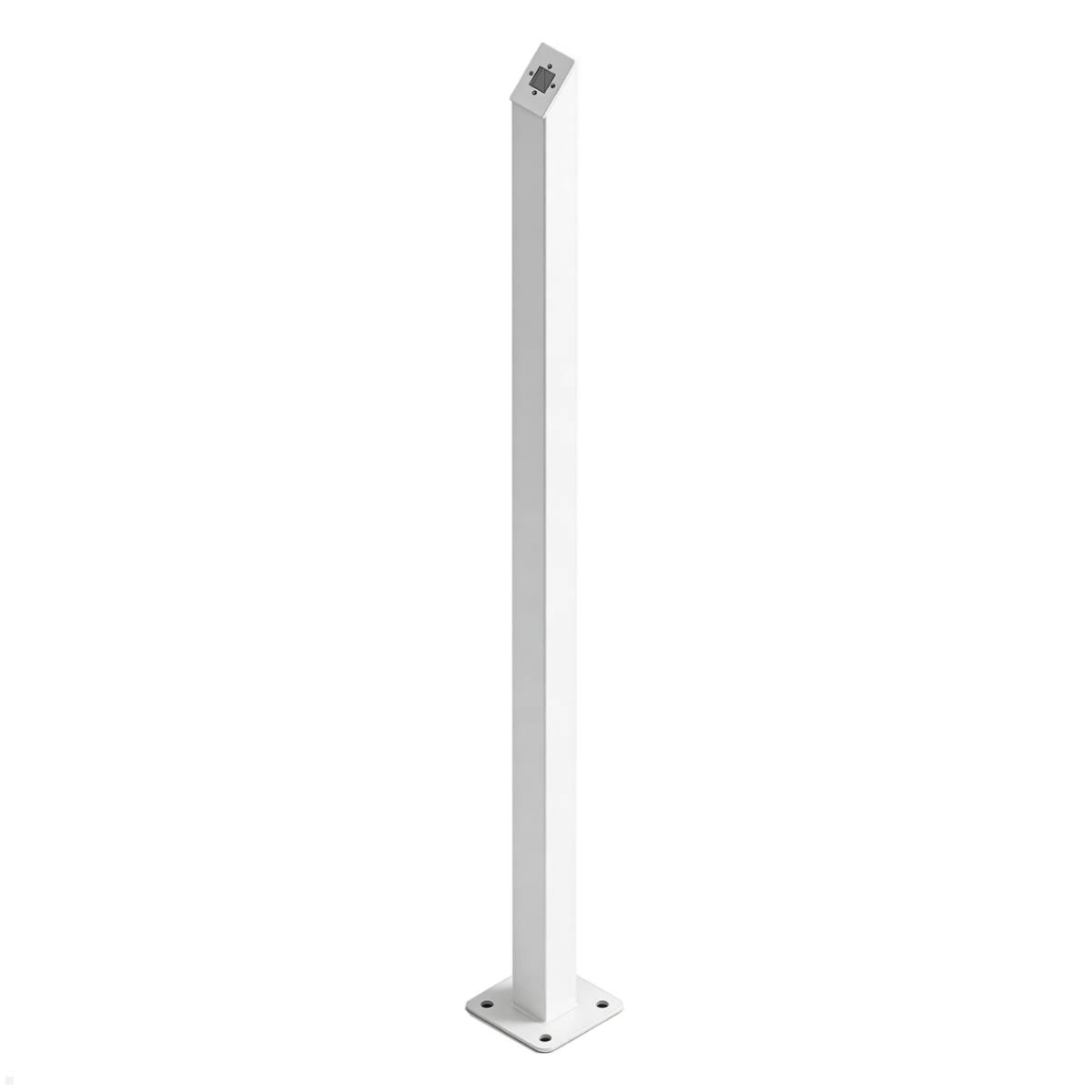 Ein weißer, hoher quadratischer Pfosten mit einer Montageplatte an der Basis und einer kleinen Metallhalterung oben, verwendet zur Unterstützung von Strukturen.