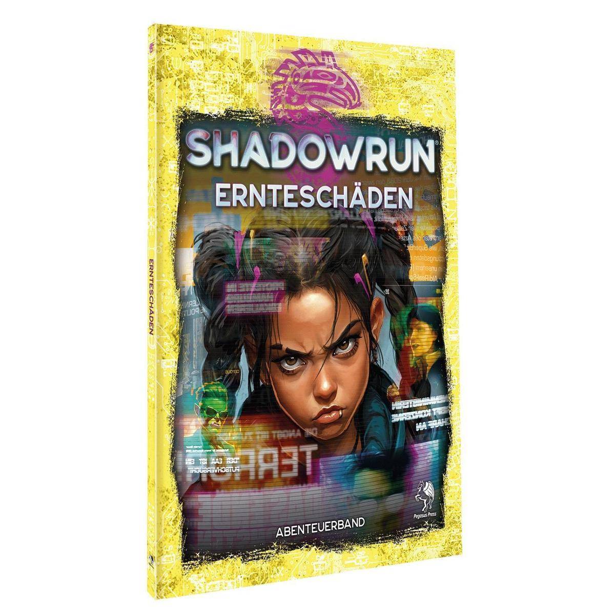Ein Buchcover mit dem Titel „Shadowrun: Ernteschäden
