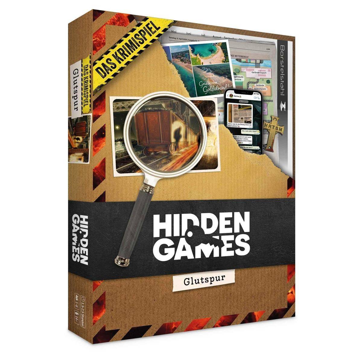 Eine Schachtel mit der Aufschrift „Hidden Games Glutspur