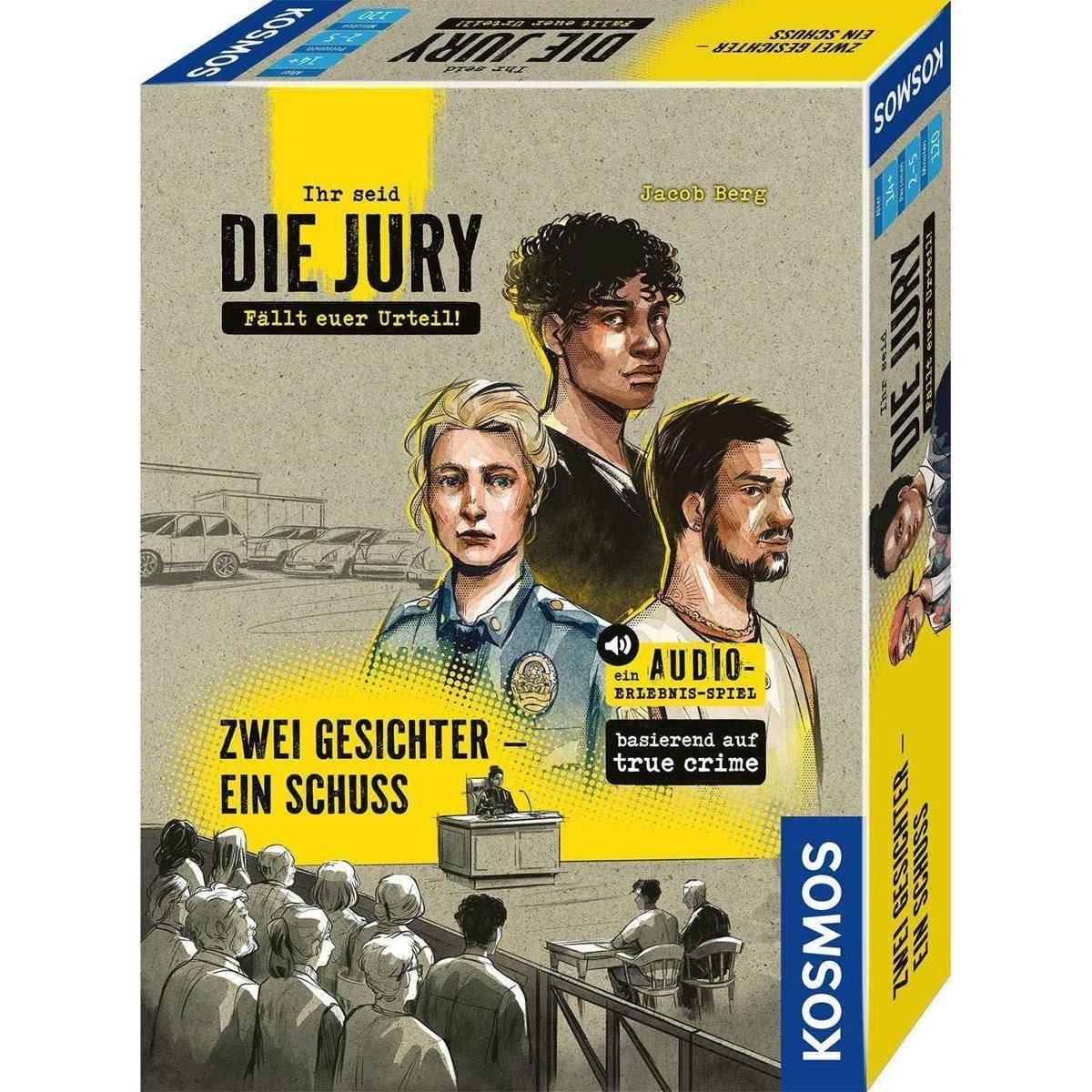 Eine Spielschachtel mit dem Titel „Ihr seid die Jury: Zwei Gesichter - Ein Schuss.