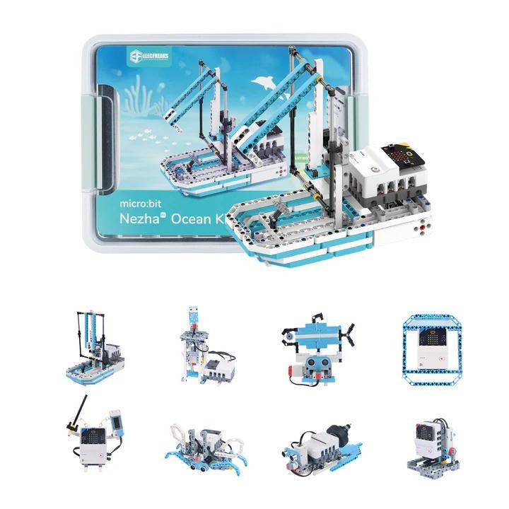 Ein Bausatz zum Zusammenbau von Robotik-Modellen mit Meeresforschungs-Thema, mit Micro:Bit-Kompatibilität und verschiedenen Komponenten für kreative Projekte.