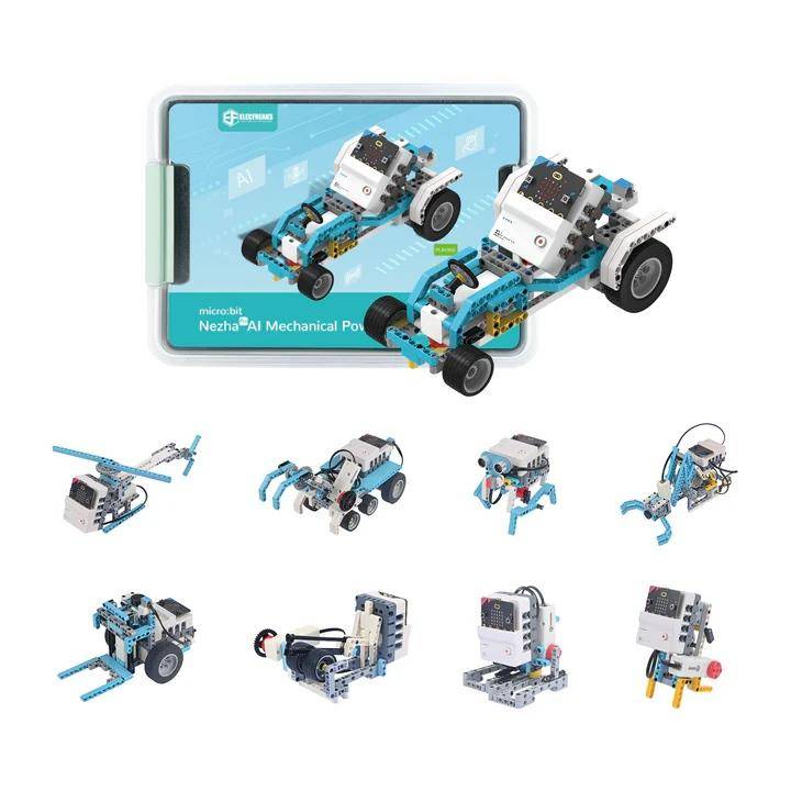 Neun Bildungsroboter-Bausätze ausgestellt, die verschiedene Konfigurationen und Fähigkeiten zum Lernen und Experimentieren präsentieren.