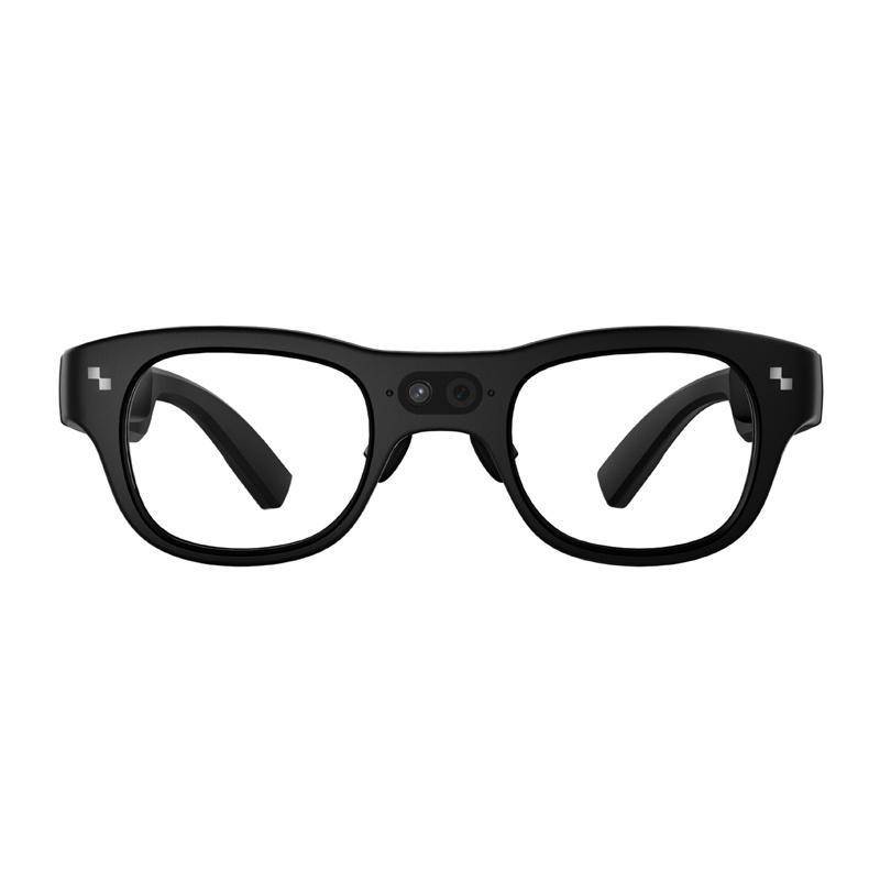 Schwarze Intelligente Brille mit eingebauten Kameras und Lautsprechern, von vorne betrachtet.