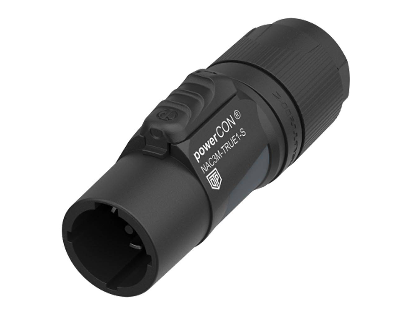 Schwarzer Stromstecker mit der Bezeichnung 'powerCON NAC3M-TOP', verwendet für elektrische Verbindungen, mit robustem zylindrischem Design für sichere Befestigung.