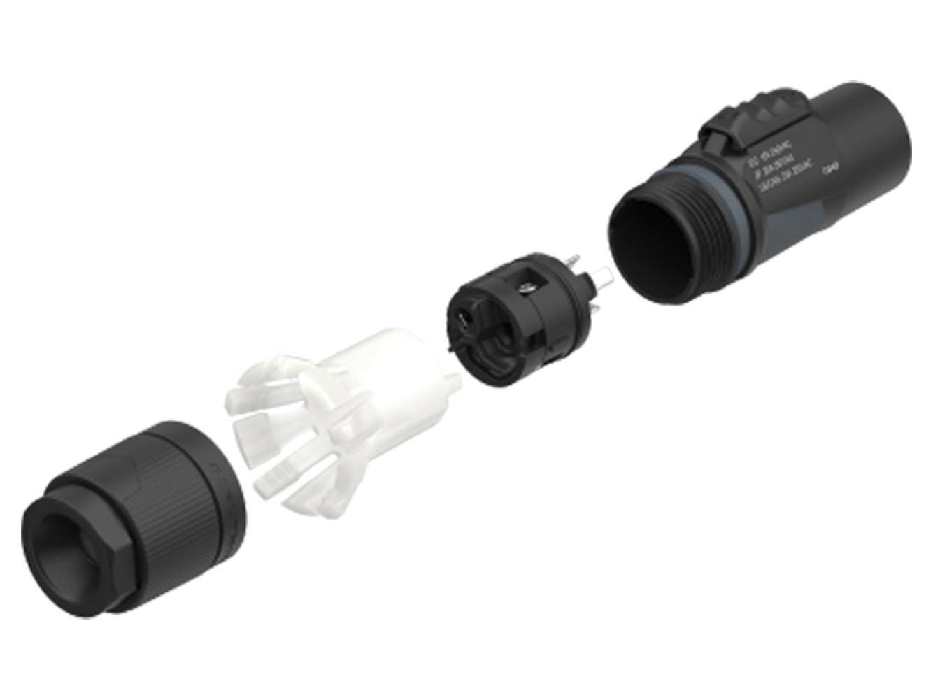 „Explosionszeichnung eines Elektrosteckers, der seine Komponenten zeigt: Außengehäuse, weiße Isolierung, innerer Stecker und Endkappe.