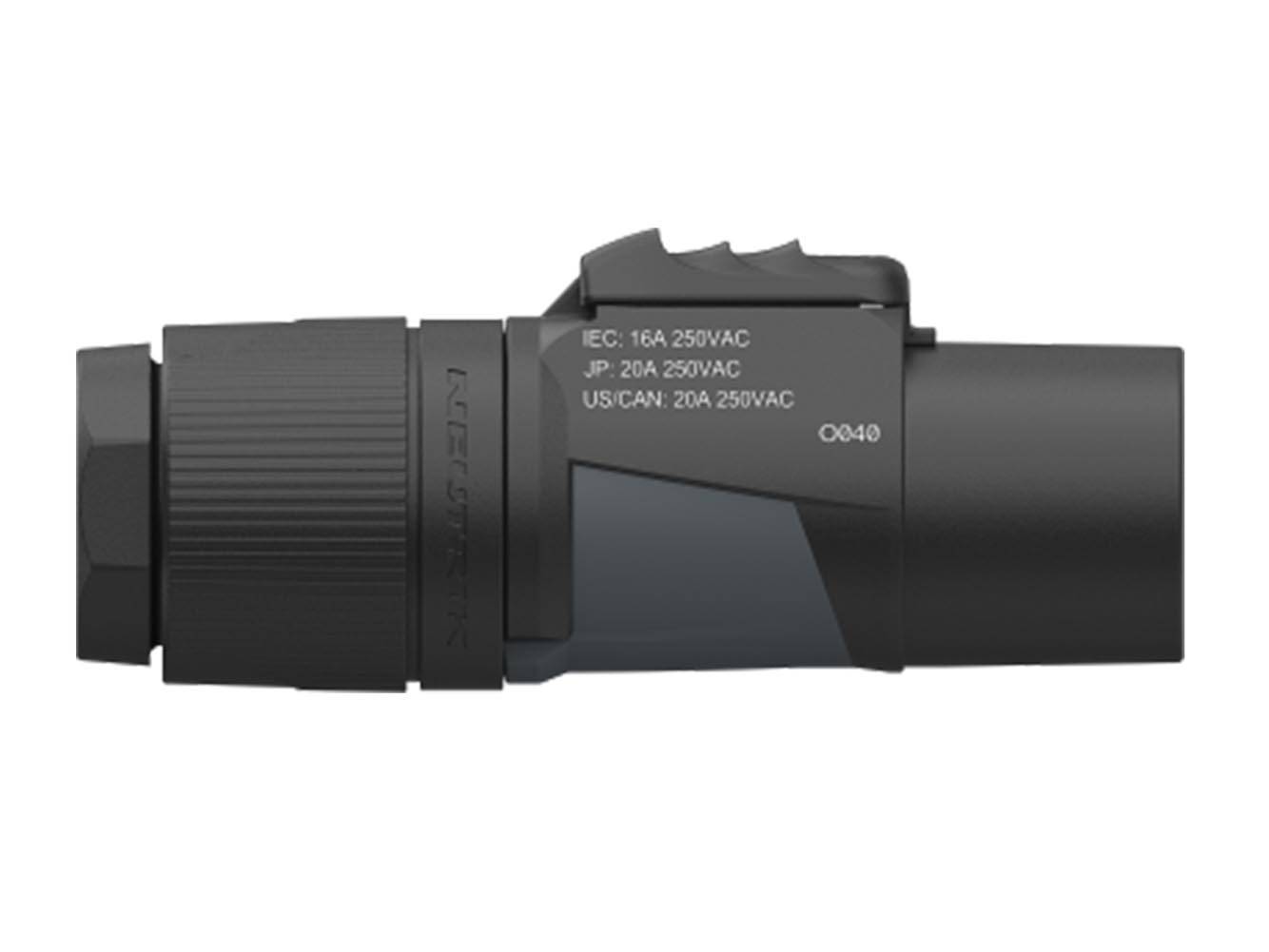 Ein schwarzer Elektrostecker mit der Beschriftung „IEC: 16A 250VAC
