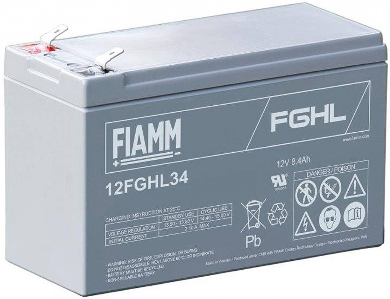 FIAMM-Batterie, Modell 12FGHL34, 12V 8,4Ah, mit Sicherheitswarnungen und Spezifikationsdetails für Standby- und Zyklenbetrieb auf dem Gehäuse.