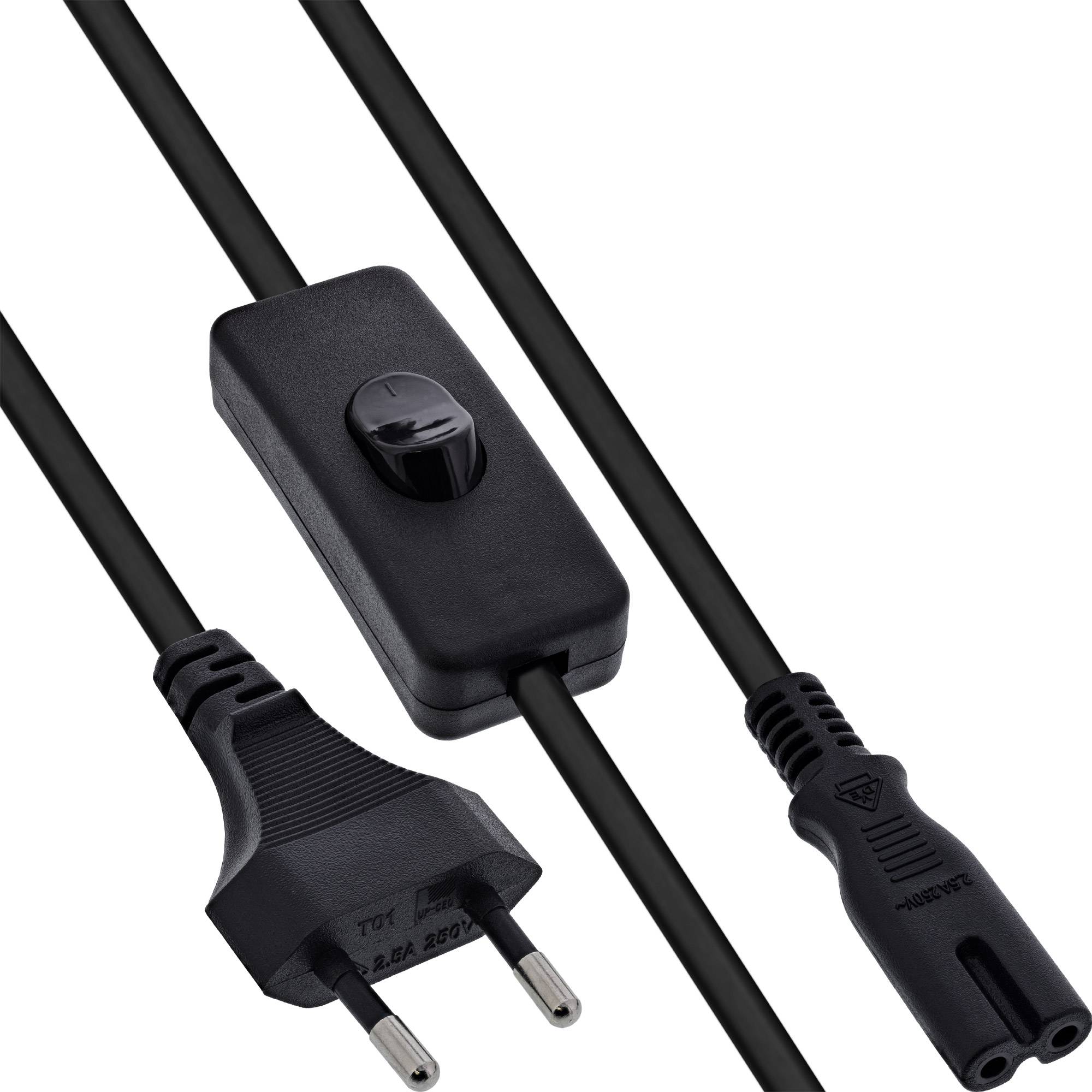 Ein schwarzes Stromkabel mit einem zweipoligen Stecker, einem Inline-Schalter und einer Buchse.
