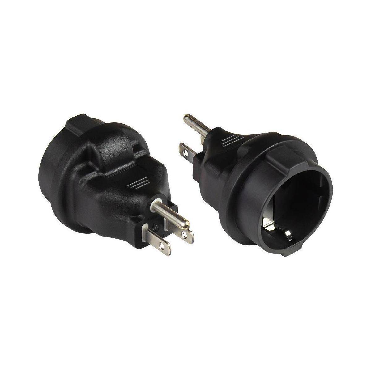 Zwei schwarze Stromstecker-Adapter, jeder mit zwei Metallstiften und einer runden Buchse, für europäische Steckdosen konzipiert.