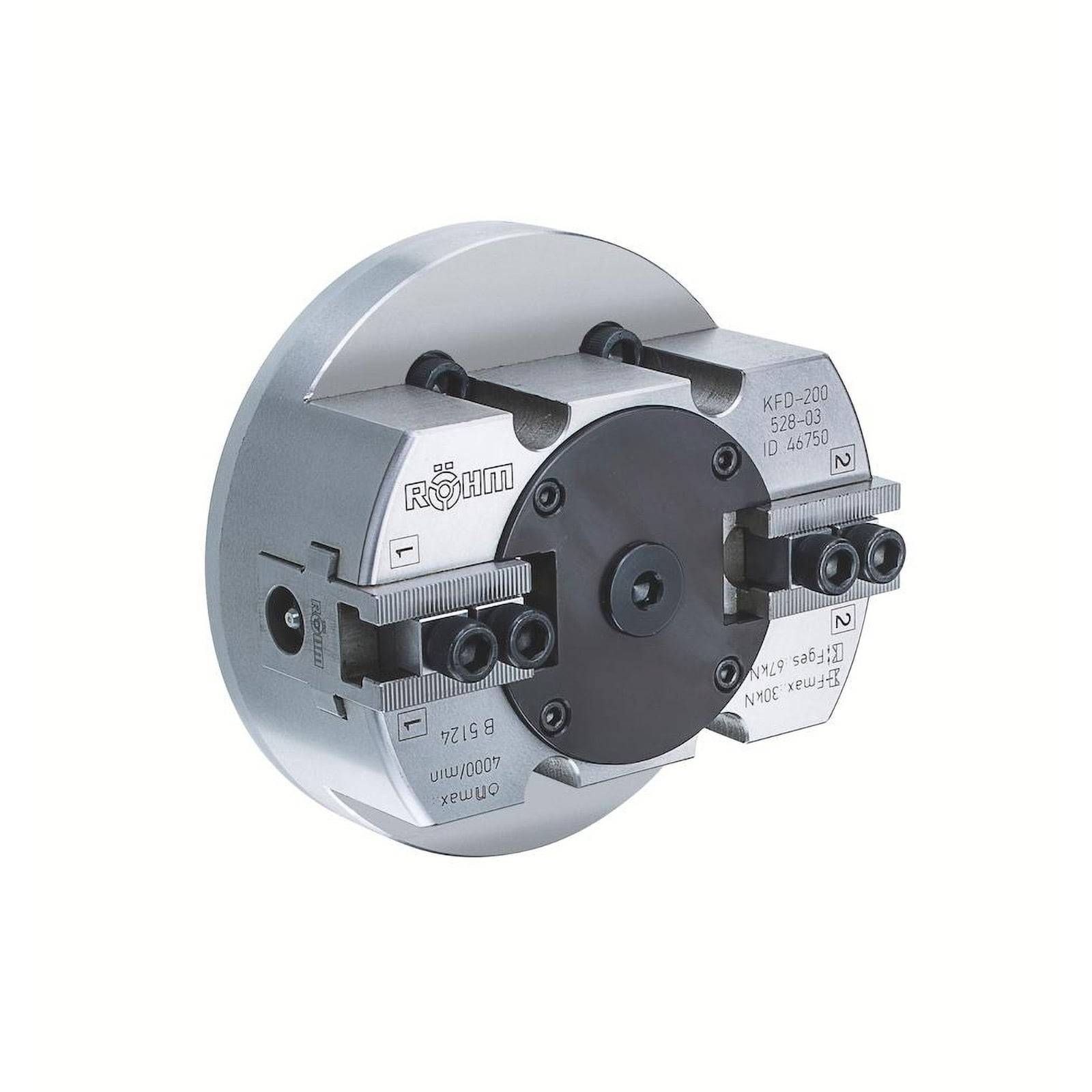 Ein Metalldreh-chuck mit drei Backen und der Aufschrift „Rohm KRF-200 ID:150761
