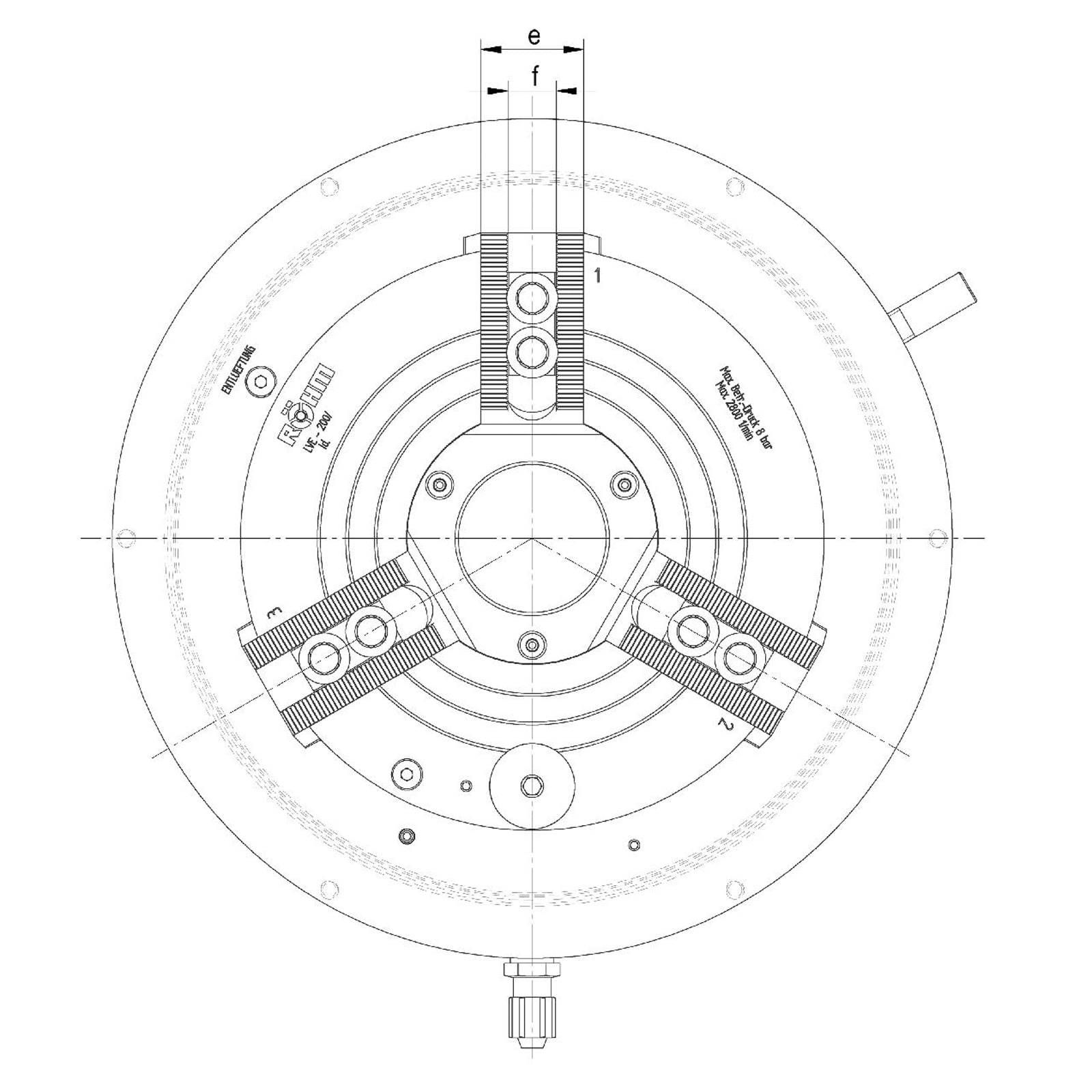 Draufsicht eines mechanischen Teildesigns mit detaillierten Maßen, gekennzeichnete Segmente A bis C, hervorhebend technische Montagekomponenten.
