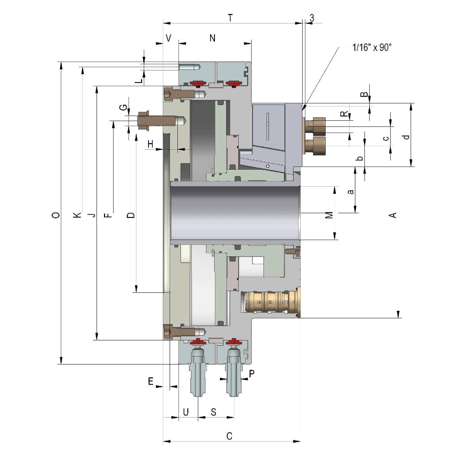 Querschnittsdiagramm einer industriellen mechanischen Komponente mit beschrifteten Messungen. Zeigt die detaillierte innere Struktur und Abmessungen.