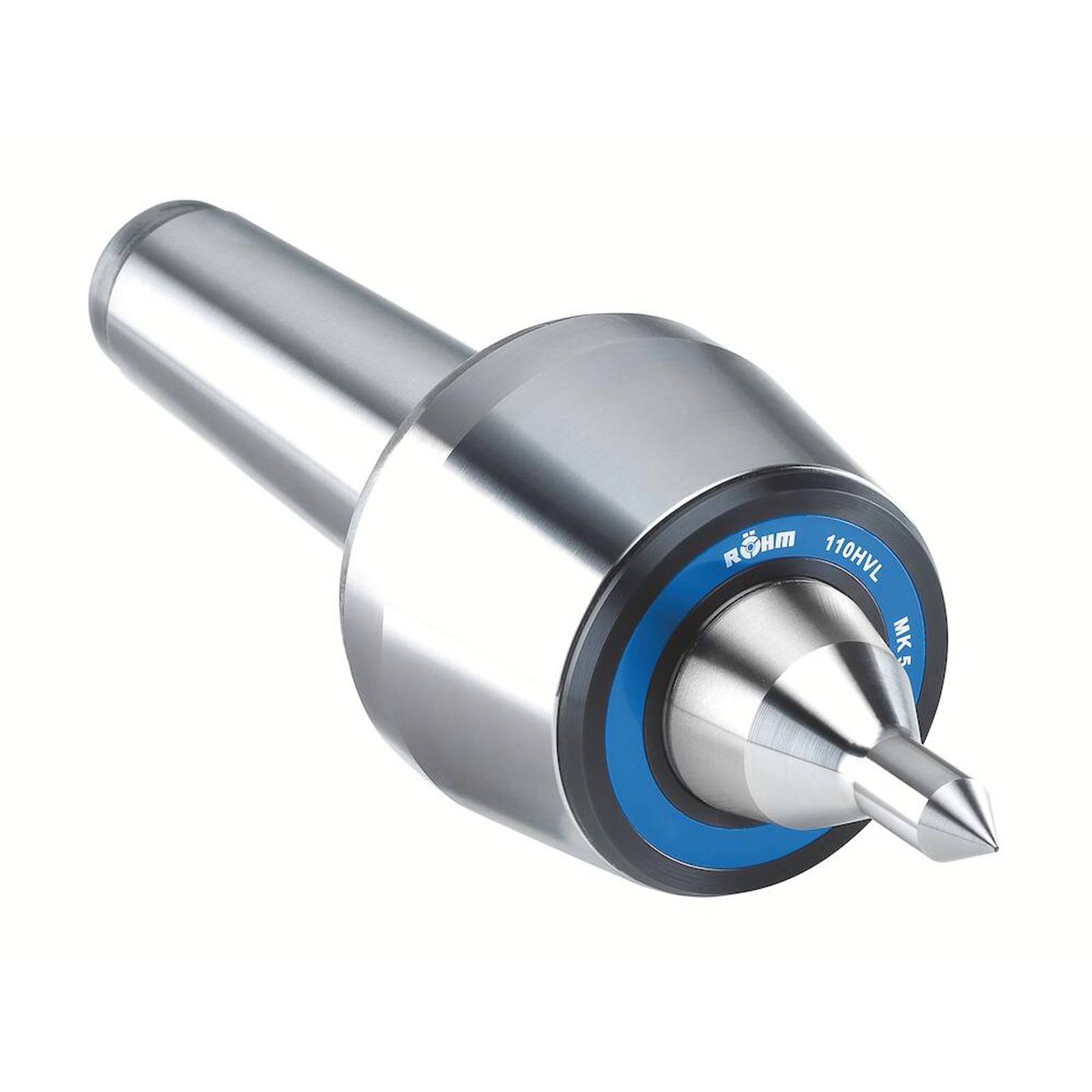 Ein Dreheisen mit Spitzenzentrum und glänzender Oberfläche sowie blauem Ring, konzipiert für Präzisionszerspanung und zur Stabilisierung von Werkstücken.