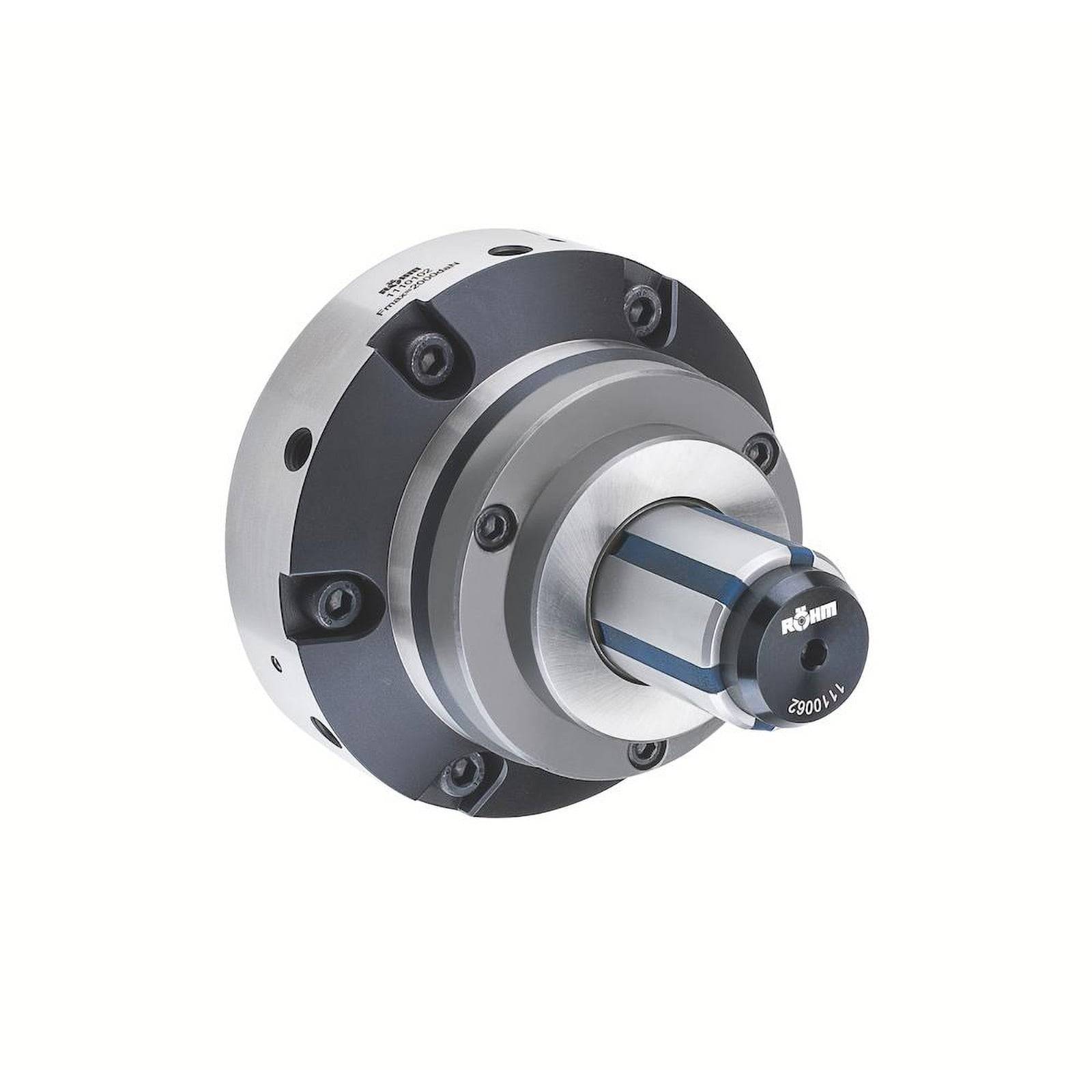 Ein mechanisches Spannfutter mit zylindrischem Design, das eine zentrale rotierende Komponente und mehrere Schrauben zur Befestigung von Anbauteilen aufweist, wird in der Bearbeitung verwendet.
