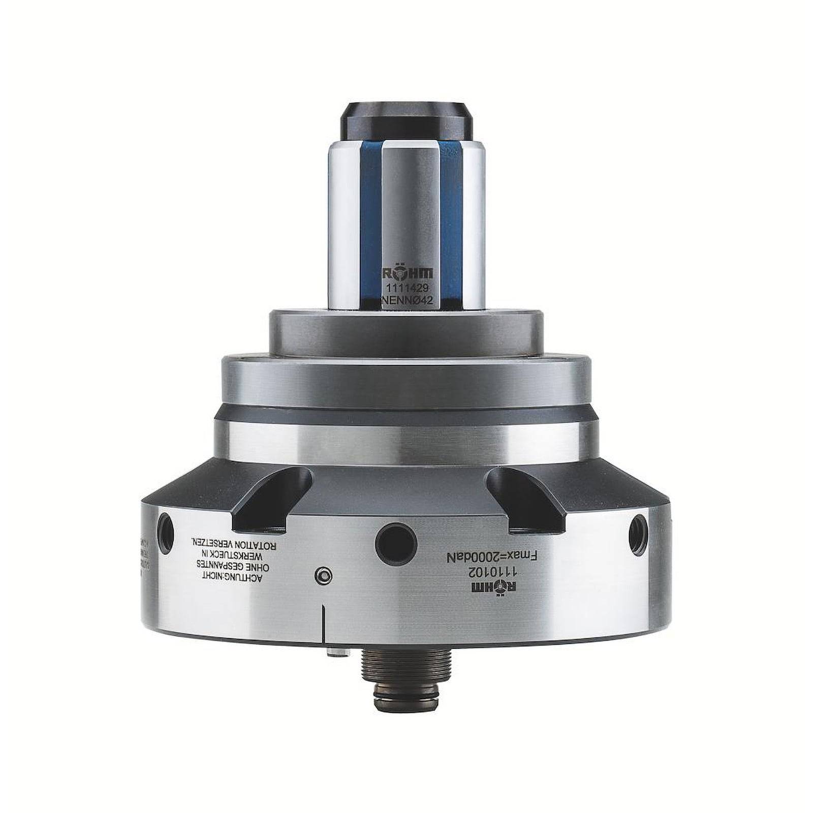 Ein Spannfutter mit metallischem Material und zylindrischem Design, das eingravierte technische Spezifikationen aufweist und zum Sichern von Werkzeugen oder Werkstücken in Maschinen verwendet wird.