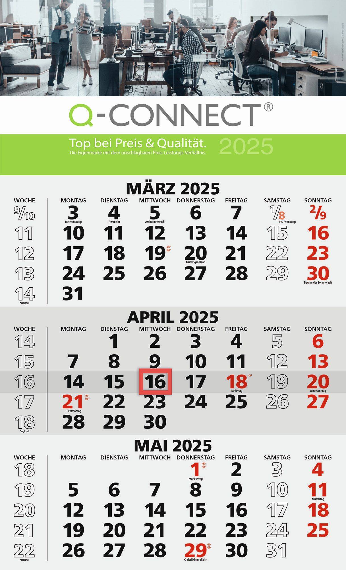 Q-CONNECT 70290 3-Monats-Wandkalender - 30 x 48,5 cm