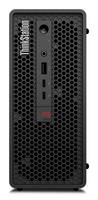 Ein schwarzer Computer-Tower mit einer perforierten Frontblende mit mehreren USB-Anschlüssen und gekennzeichnet mit einem roten 