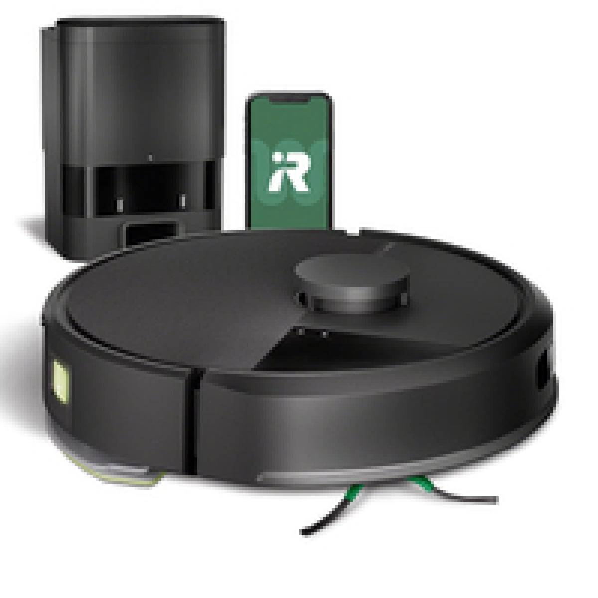 Roboterstaubsauger neben seiner Ladestation und ein Smartphone, das die App-Schnittstelle des Roboters im Hintergrund anzeigt.
