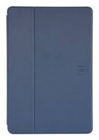 Blaue Ledertablet-Schutzhülle mit einer Naht und geprägtem Logo auf der rechten Seite.