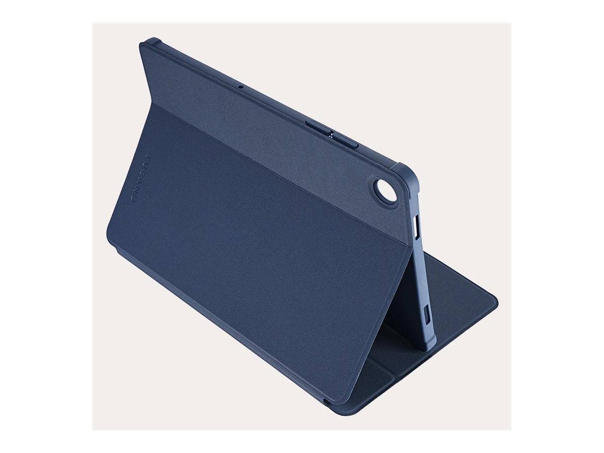 Dunkelblauetui für Tablets mit integriertem Ständer, aufgeklappt und gewinkelt zur Unterstützung eines Tablets.