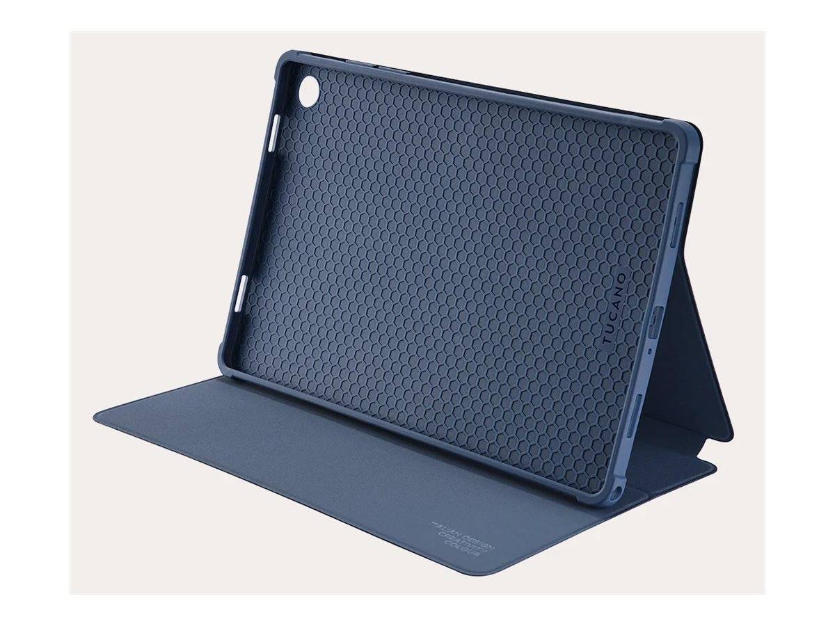 Dunkelblaue Tablet-Schutzhülle mit strukturierter Innenschale und Ständer zum Aufklappen, geöffnet zur Unterstützung eines Tablets in Querformat.