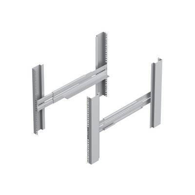 Verstellbare Metallhalterungen zur Rackbefestigung, mit ausziehbaren Armen und durchlöcherten Seitenflächen für sichere Montage in industriellen Umgebungen.