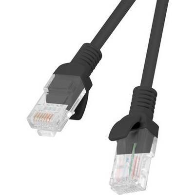 Zwei schwarze Ethernet-Kabel mit transparenten Steckverbindern auf weißem Hintergrund.