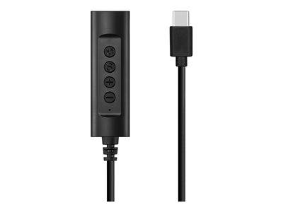 Ein schwarzes Audio-Steuermodul mit Lautstärke- und Wiedergabetasten, verbunden mit einem USB-C-Kabel.
