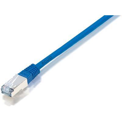Ein blaues Ethernet-Kabel mit einer silbernen Steckverbinderspitze, beschriftet mit „equip