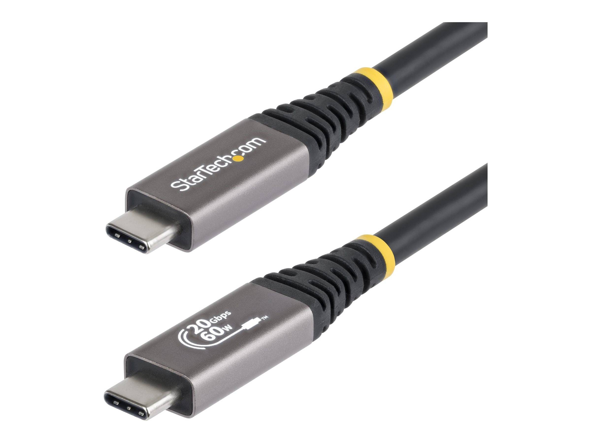Zwei USB-C-Kabelstecker in Großaufnahme dargestellt, einer mit der Bezeichnung StarTech.com und der andere mit „20 Gbps 60W