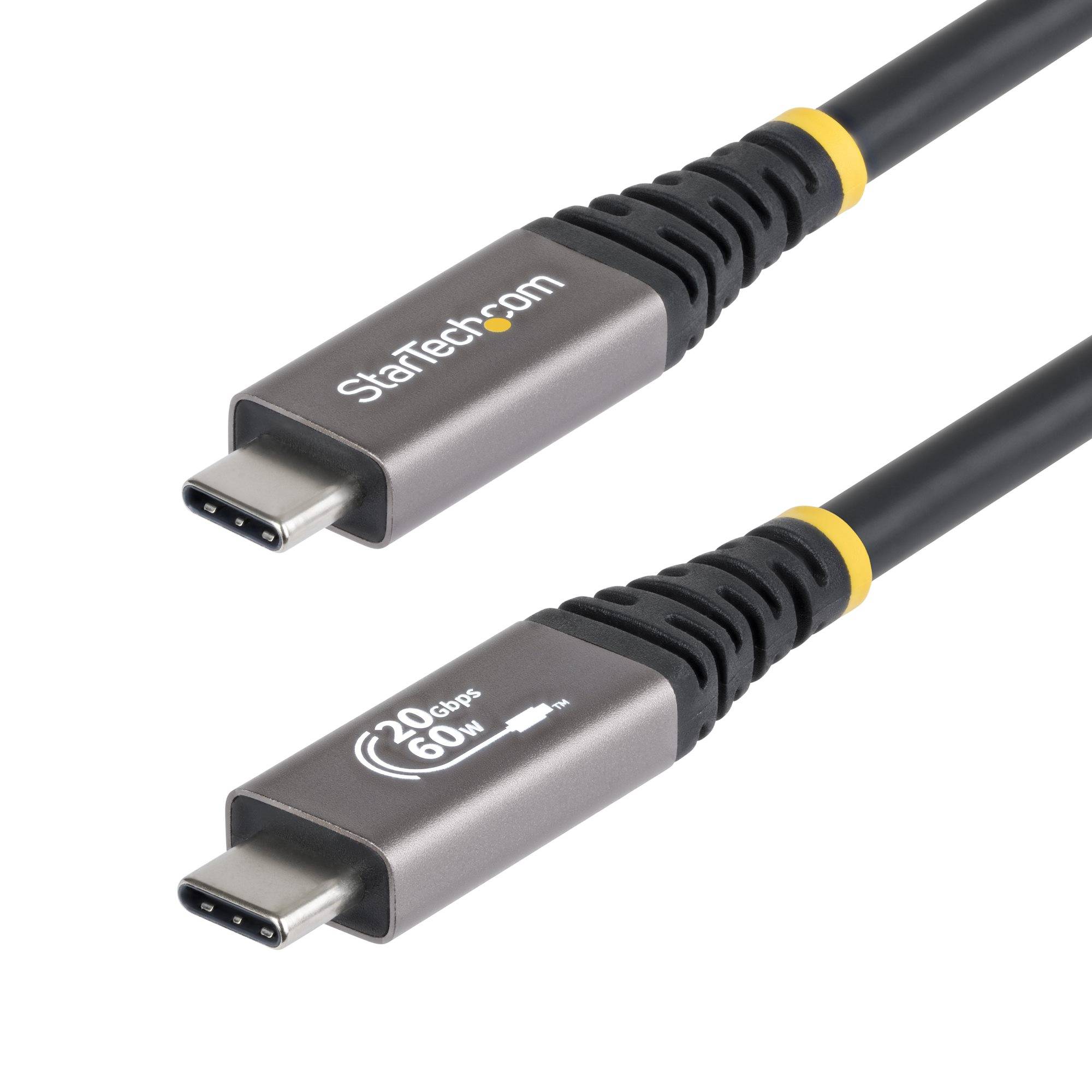 Zwei Nahaufnahmen eines USB-C-Kabelsteckers mit StarTech.com-Branding und der Beschriftung „20Gbps 60W