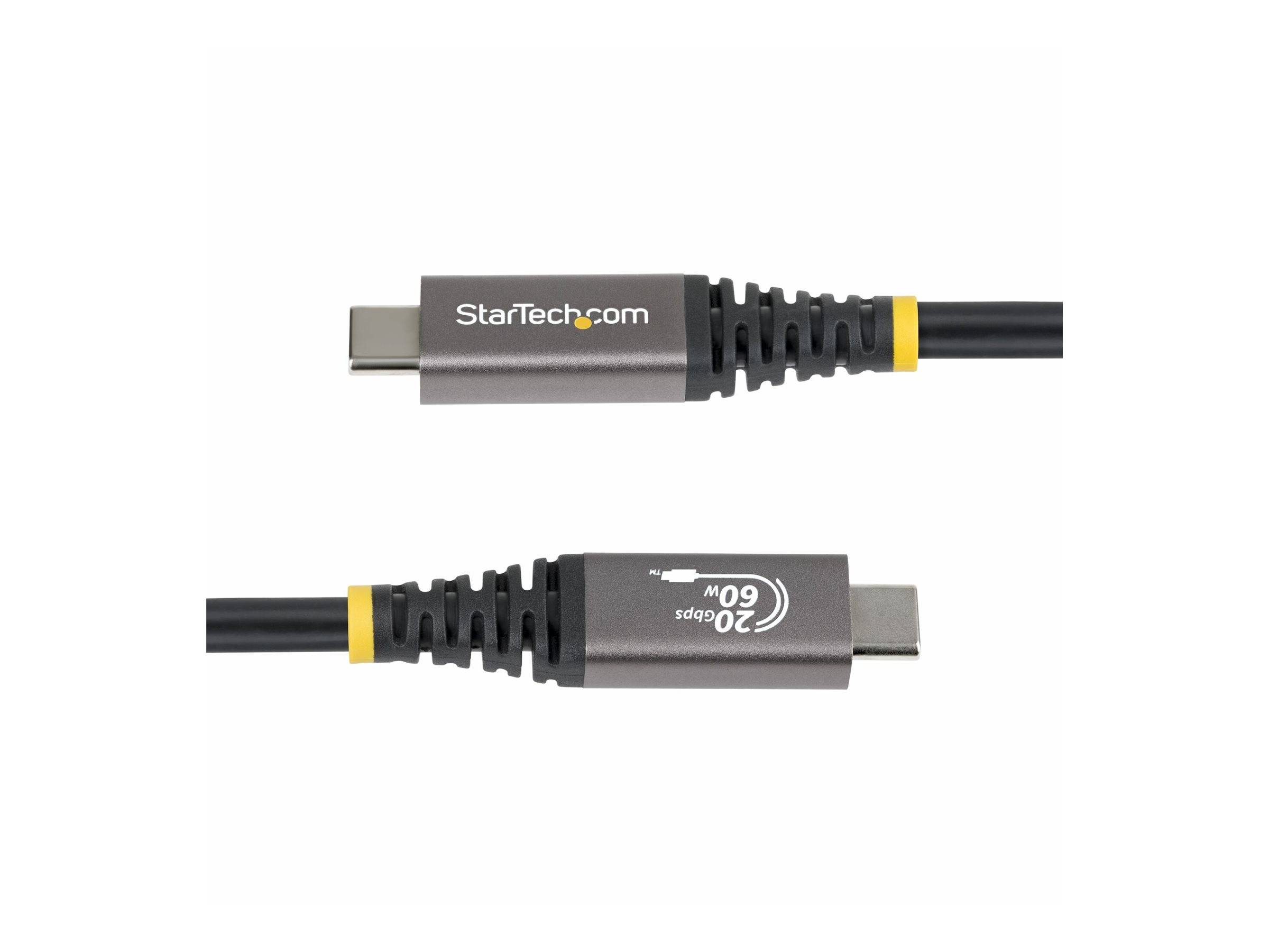Zwei abgewinkelte Ansichten eines schwarzen USB-C-Kabels mit StaTech.com-Branding und 20V 60W-Markierung auf weißem Hintergrund.