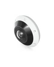 Kompakte Fisheye-Sicherheitskamera mit weißem und schwarzem Design, mit prominenter Linse in der Mitte.