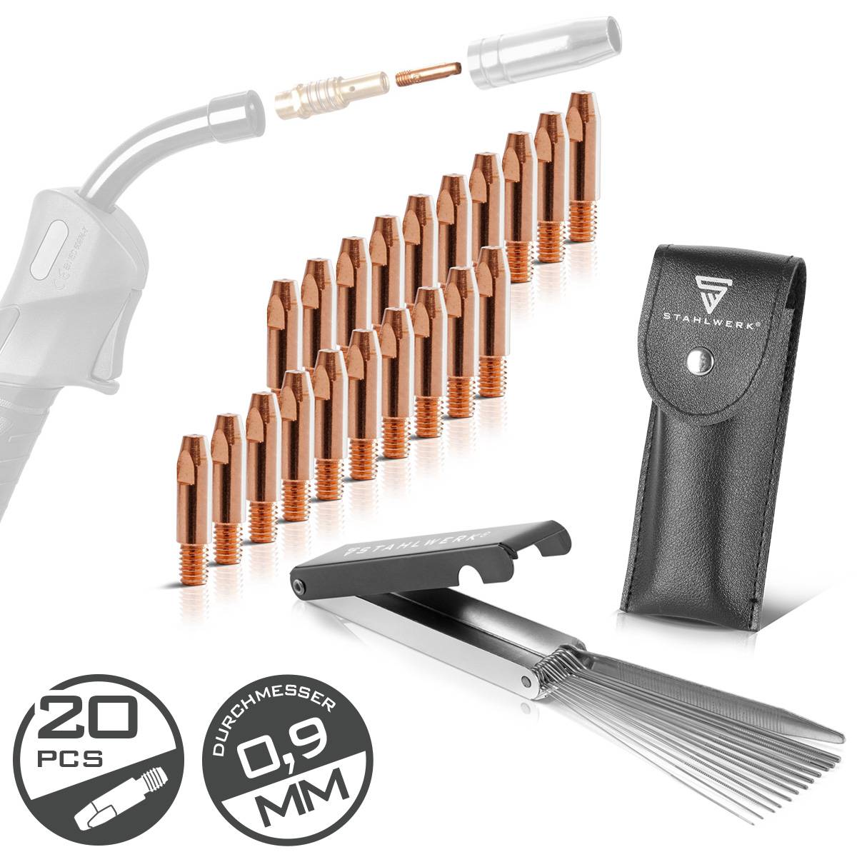 Schweißzubehör-Set mit mehreren Kupferdüsen, einer Halterung und einem Aufbewahrungskoffer mit der Aufschrift „STAHLWERK