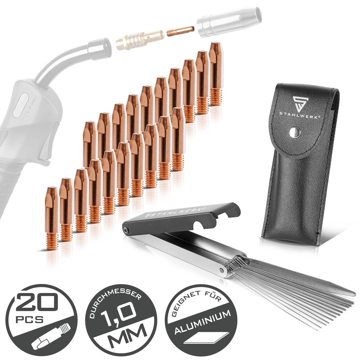 Stahlwerk Schweißzubehörsatz mit 20 Kupferkontaktdüsen, Düse und Reinigungsbürsten, geeignet für Aluminium, 1,0 mm.