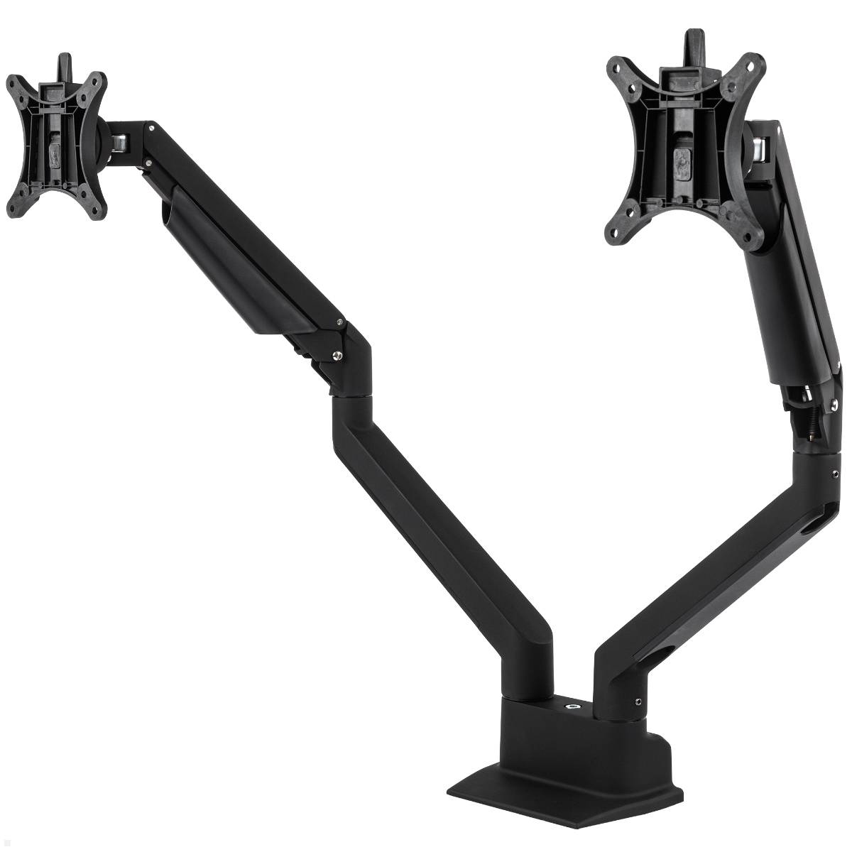 Eine schwarze Dual-Monitor-Schreibtischhalterung mit verstellbaren Armen, die zum Halten von zwei Computerbildschirmen konzipiert ist. Ideal für eine ergonomische Arbeitsplatzgestaltung.