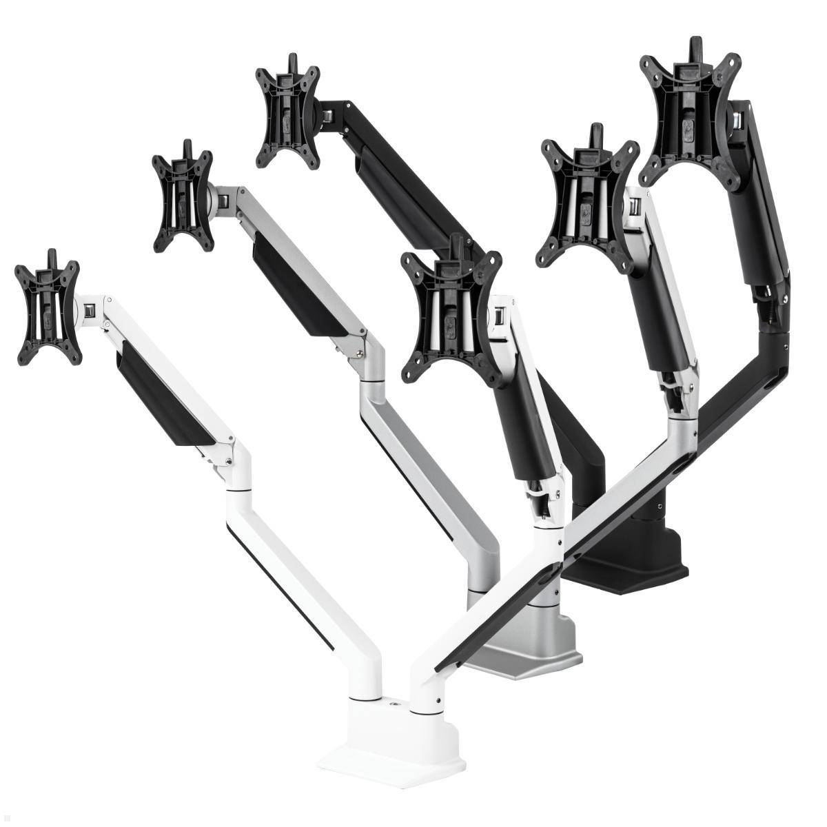 Verstellbare Monitorarme in verschiedenen Winkeln und Positionen, die ihre Flexibilität und Unterstützung für unterschiedliche Sehanforderungen zeigen.