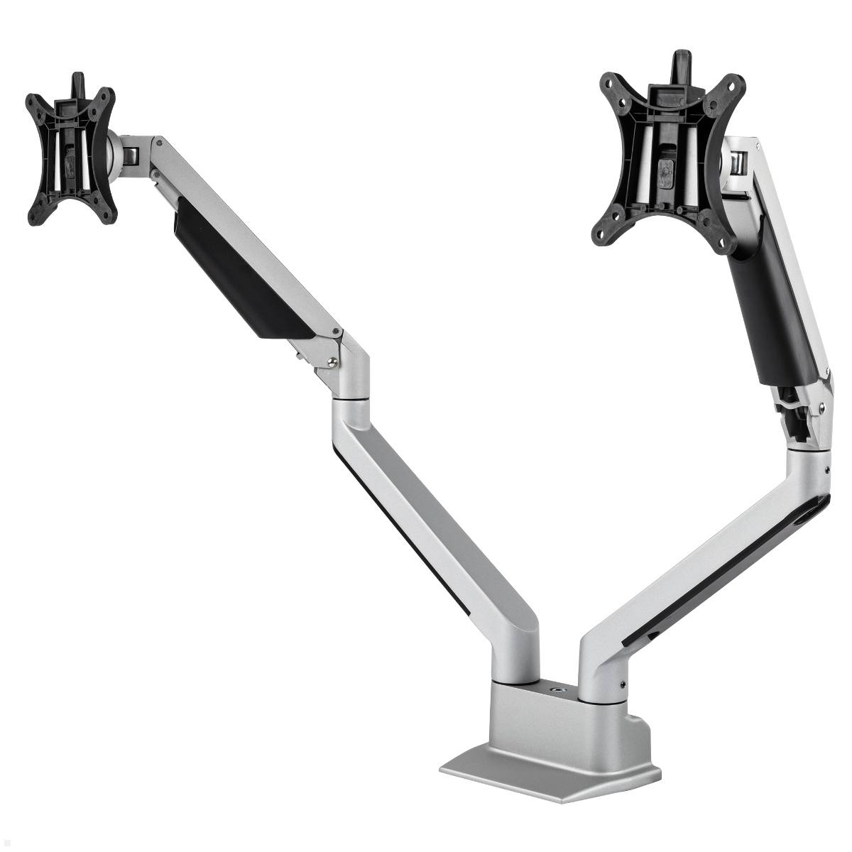 Eine Dual-Monitor-Tischhalterung mit verstellbaren Armen und silberner Oberfläche. Sie unterstützt zwei Bildschirme und verbessert die Flexibilität des Arbeitsplatzes sowie die Ergonomie.