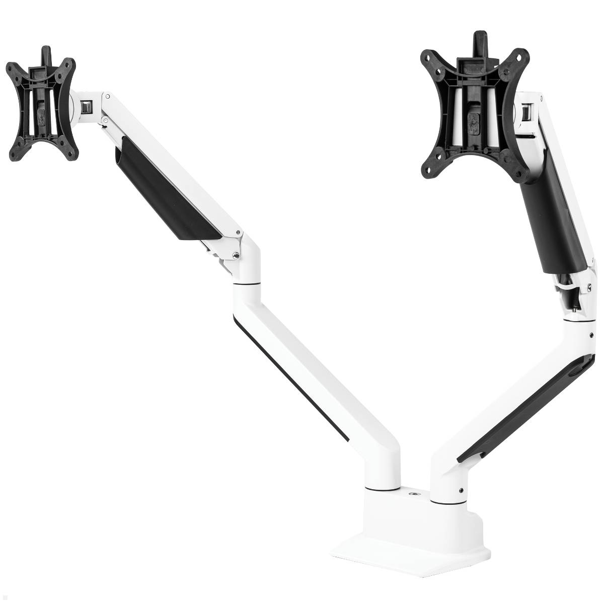 Dual-Monitor-Armständer mit verstellbaren Gelenken, entwickelt zum Halten von zwei Bildschirmen und zur Verbesserung der Arbeitsplatzflexibilität und Ergonomie.