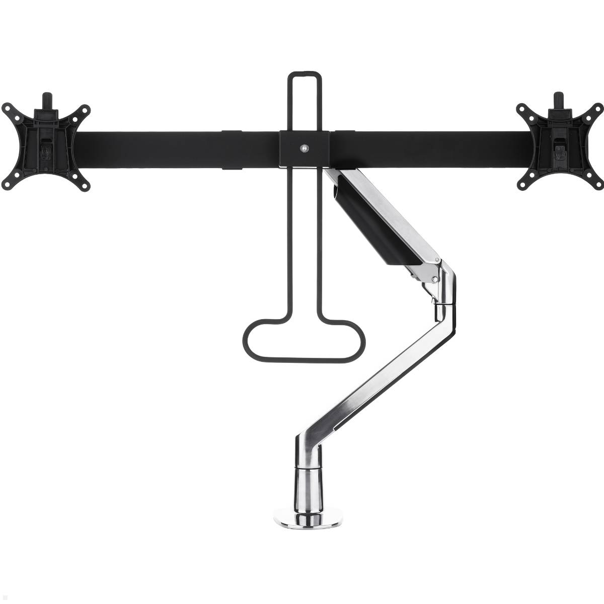 Doppel-Monitorarm mit schwarzer horizontaler Halterung und silbernem verstellbarem Ständer, konstruiert um zwei Bildschirme auf einem Schreibtisch zu halten für effiziente Arbeitsplatznutzung.