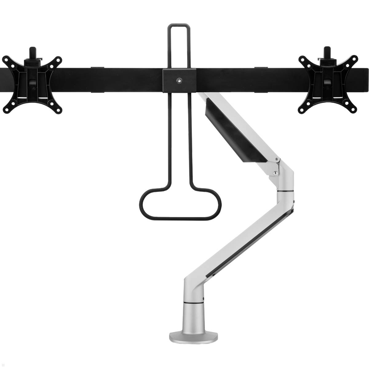 Doppelmonitorarm mit verstellbarer Höhe und Neigungsfunktion, entworfen für eine ergonomische Schreibtischeinrichtung. Unterstützt zwei nebeneinander angeordnete Monitore.