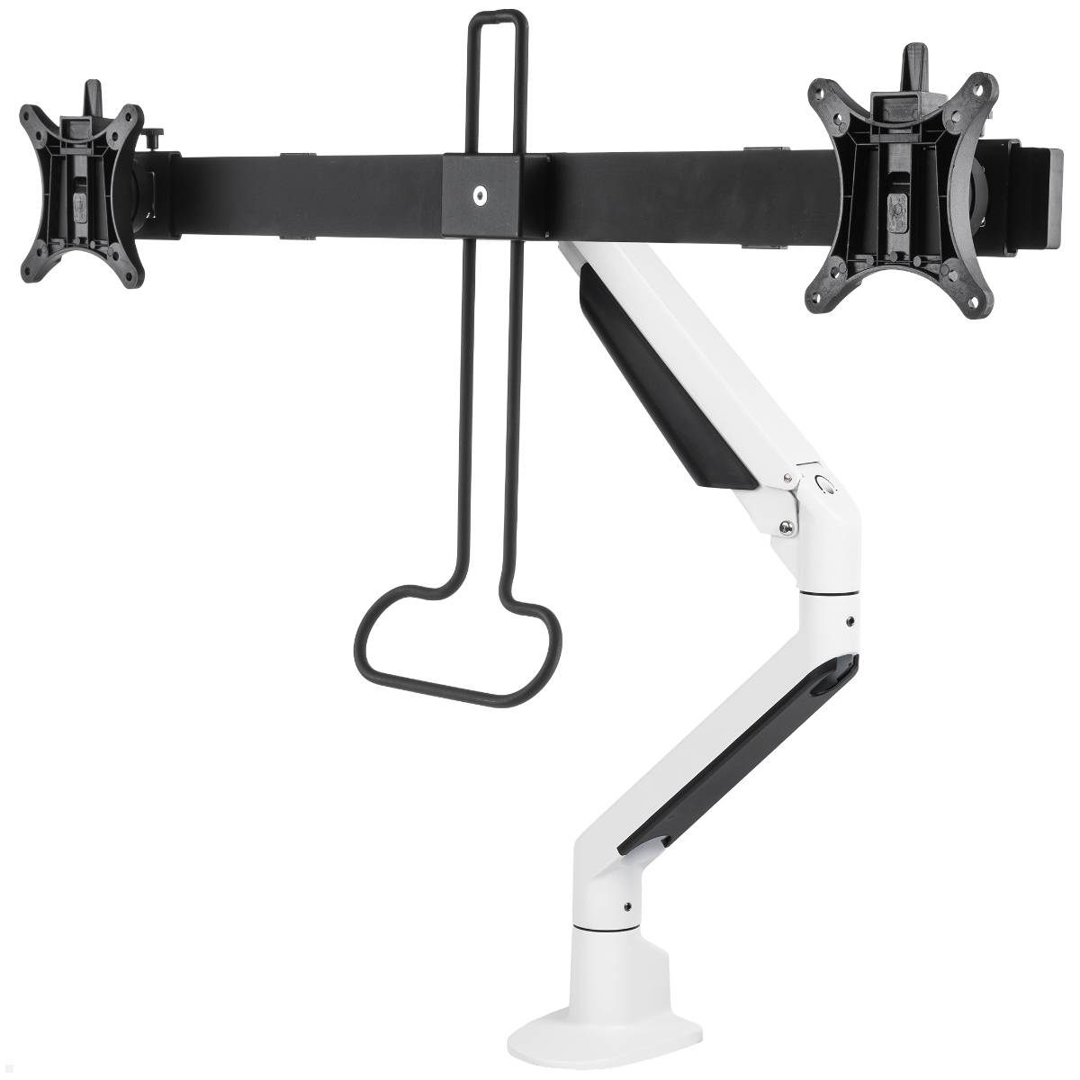 Doppelmonitor-Arm mit weißem, verstellbarem Tragarm und zwei schwarzen Halterungen zur Befestigung von Bildschirmen. Geeignet für Büro- oder Heimgebrauch.