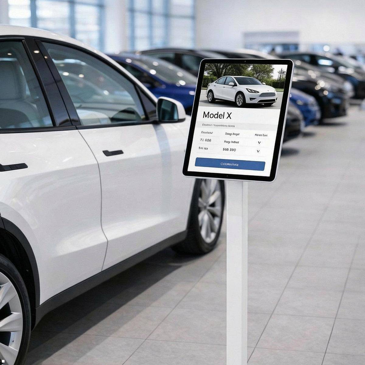 Ein weißes Auto in einem Ausstellungsraum mit einem Schild, auf dem „Model X: Höchstgeschwindigkeit 150 mph, Reichweite 300 Meilen, Preis 55.000 $