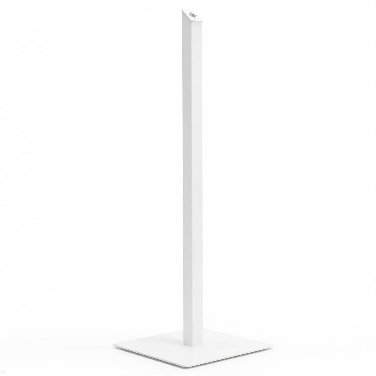 Ein hoher, schlanker, weißer vertikaler Ständer mit quadratischer Basis, wahrscheinlich zum Halten eines Schildes oder einer Anzeige in einer Innenumgebung verwendet.